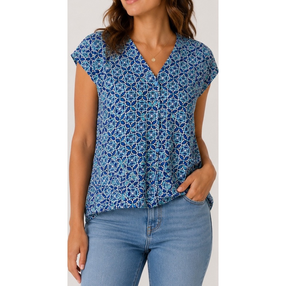 Liz Claiborne Blue Mosaic Floral Button Front V-Neck Cap Sleeve Rayon Blouse L